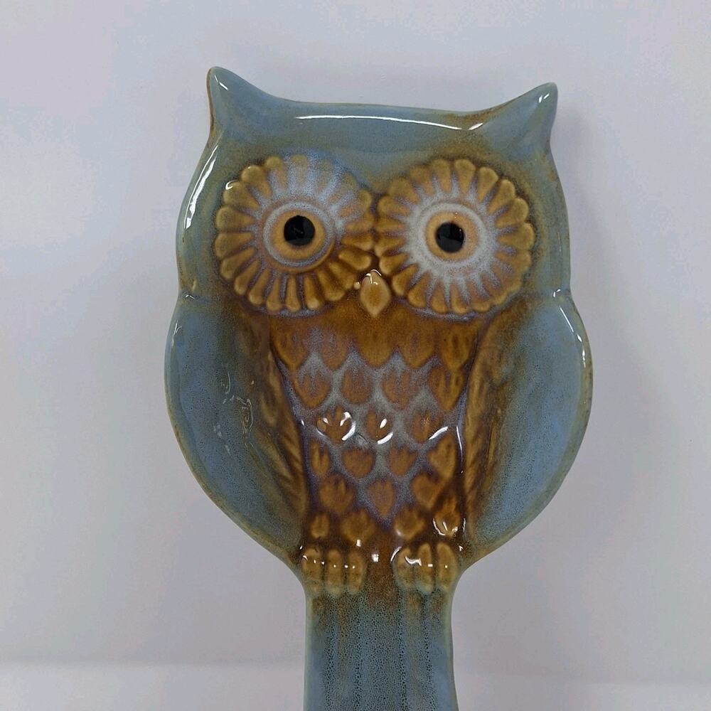 Retro Owl Spoon Rest Ceramic Light Blue/Brown Dishwasher Safe 10"